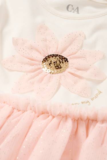 Kinderen: meisjes - Bloem - set - jurk en tasje - 2-delig - glanseffect - wit / roze