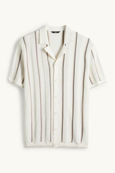 Heren - Gebreid overhemd - regular fit - reverskraag - gestreept - crème wit
