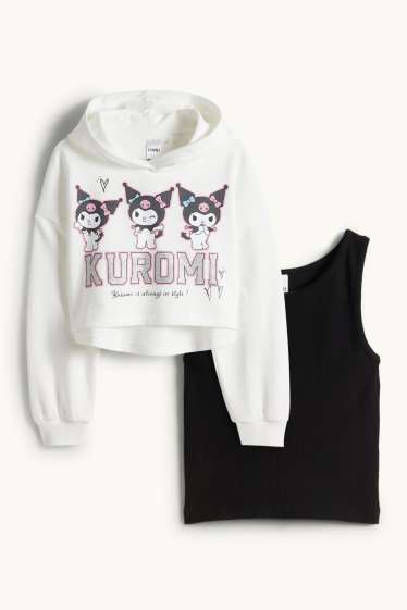 Enfants filles - Kuromi - ensemble - sweat à capuche et haut - 2 pièces - effet brillant - noir / blanc