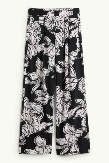 Dames - Pantalon - high waist - wide leg - zwart / wit