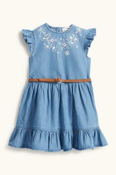 Enfants filles - Robe - robe avec ceinture - aspect jean - jean bleu clair