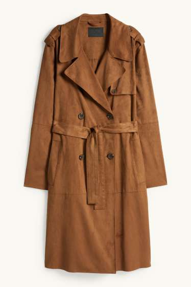 Damen - Trenchcoat - Velourslederimitat - braun