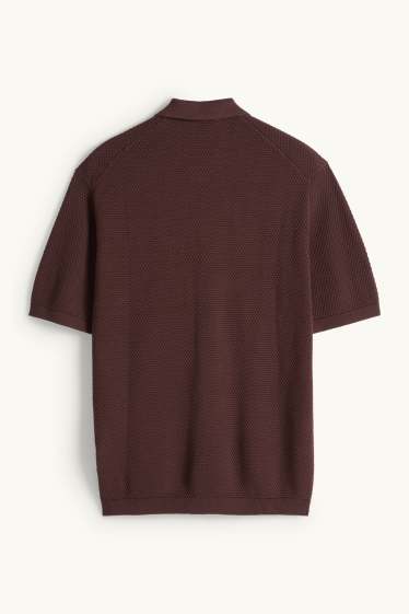 Pánské - Pletená polokošile - regular fit - strukturovaná - tmavohnědá