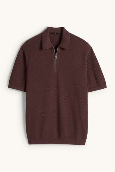 Pánské - Pletená polokošile - regular fit - strukturovaná - tmavohnědá