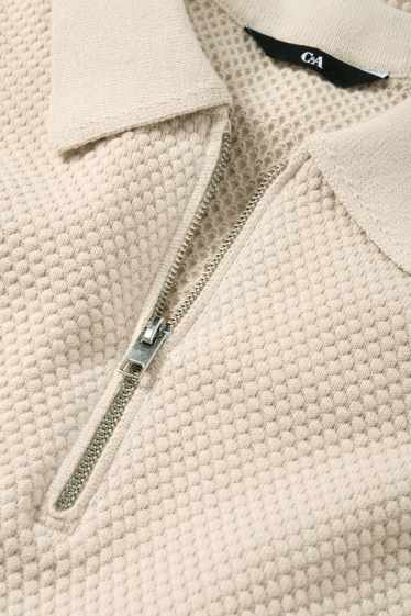 Men - Knitted polo shirt - regular fit - textured - light beige