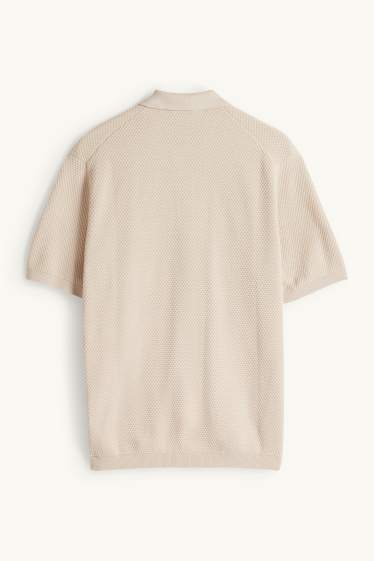 Men - Knitted polo shirt - regular fit - textured - light beige