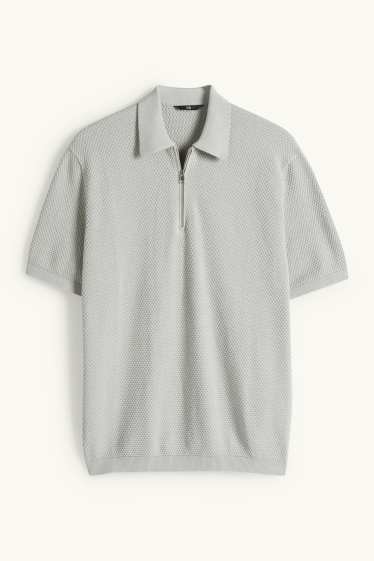 Men - Knitted polo shirt - regular fit - textured - gray