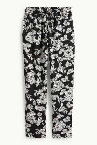 Women - Cloth trousers - high waist - tapered fit - floral - black / white