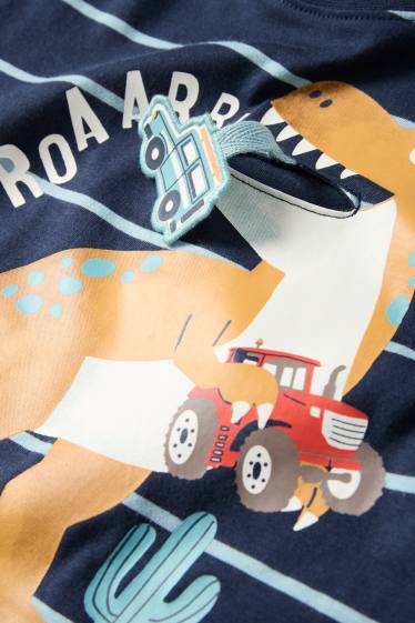 Nen - Dinosaure i vehicles - samarreta de mànigues curtes - de ratlles - blau fosc