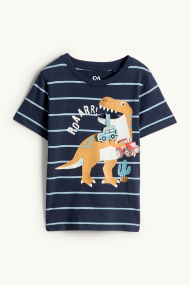 Nen - Dinosaure i vehicles - samarreta de mànigues curtes - de ratlles - blau fosc