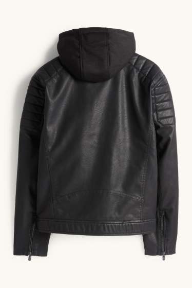 Bărbați - Jachetă de motociclist cu glugă - imitație de piele - negru