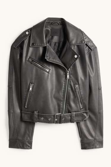 Damen - Bikerjacke mit Gürtel - Lederimitat - schwarz