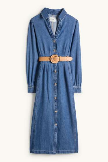 Dames - Denim blousejurk met V-hals en riem - jeansblauw