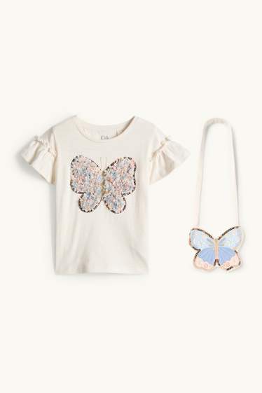 Bambine - Farfalla - set - t-shirt e borsa - 2 pezzi - bianco crema