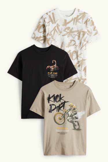 Děti - chlapci - Multipack 3 ks - motorka, štír a skater - tričko s krátkým rukávem - taupe