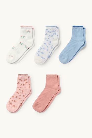 Kinder Mädchen - Multipack 5er - Blume - Socken mit Motiv - gerippt - hellblau
