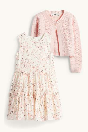 Copii - Fete - Set - rochie și cardigan tricotat - 2 piese - roz / bej