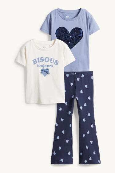 Bambine - Cuore - set - 2 maglie a maniche corte e leggings svasati - 3 pezzi - blu / bianco