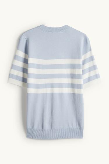 Women - Knitted jumper - short sleeve - striped - white / light blue