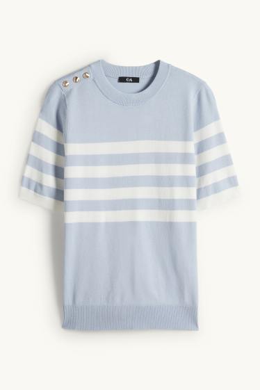Women - Knitted jumper - short sleeve - striped - white / light blue