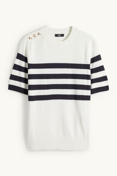 Women - Knitted jumper - short sleeve - striped - white / black
