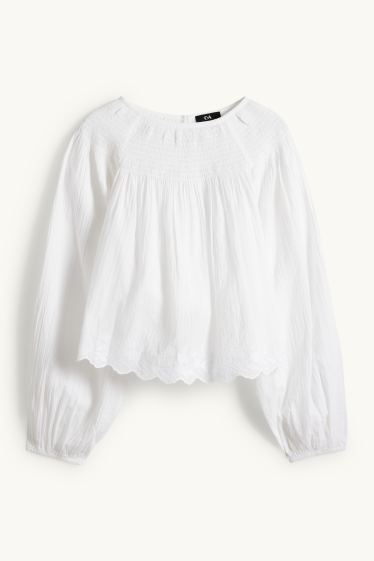 Damen - Bluse - gesmokt - weiß