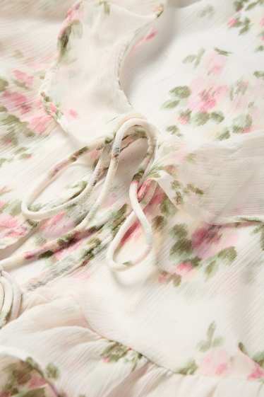 Dames - Korte blouse van chiffon - gebloemd - crème wit