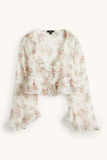 Dames - Korte blouse van chiffon - gebloemd - crème wit