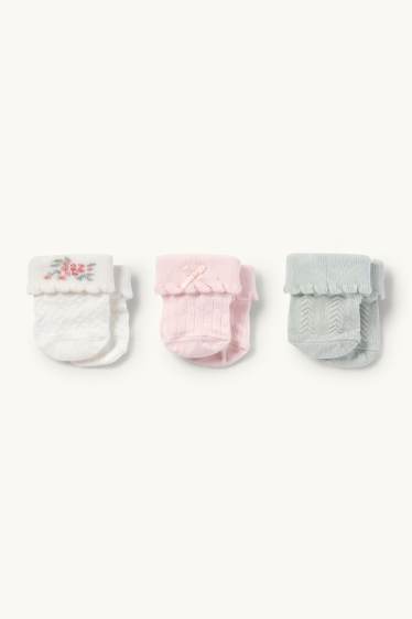 Baby Mädchen - Multipack 3er - Blümchen - Erstlings-Socken mit Motiv - weiss