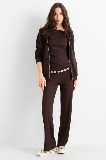 Femmes - Pantalon de jogging - finition côtelée - marron foncé