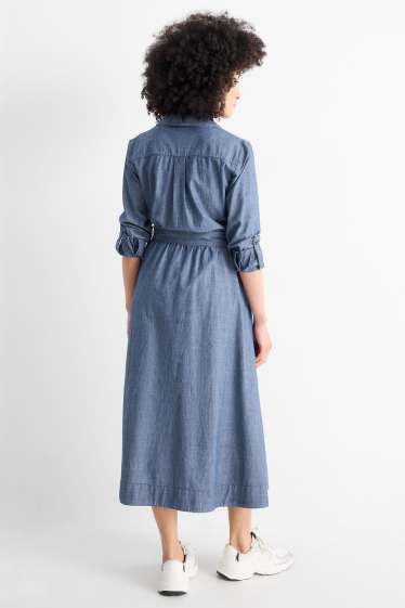 Women - Fit & flare dress with belt - denim look - blue