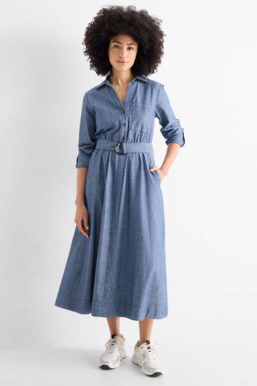 Women - Fit & flare dress with belt - denim look - blue