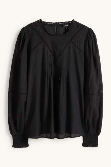 Kobiety - Bluzka - haft angielski - czarny