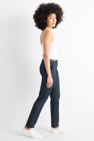 Femei - Pantaloni de stofă cu curea - talie medie - tapered leg - aspect de Jeans - denim-albastru închis