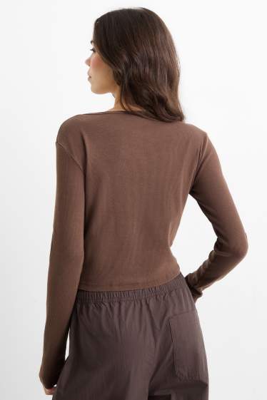 Women - Cropped long sleeve top - slim fit - ribbed - dark brown