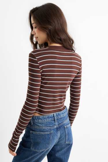 Dames - Longsleeve - slim fit - geribd - gestreept - bruin