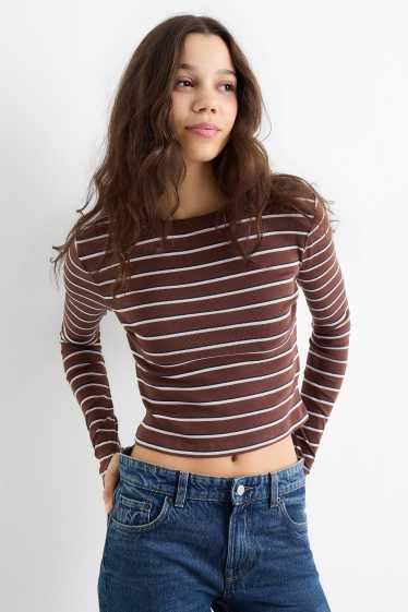 Dames - Longsleeve - slim fit - geribd - gestreept - bruin