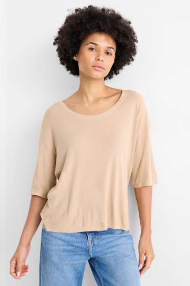 Donna - T-shirt - relaxed fit - a coste - beige