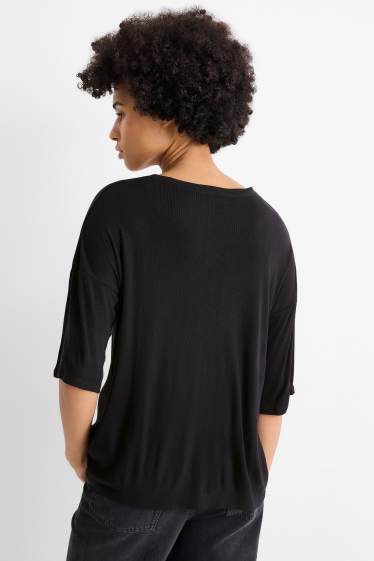 Women - T-shirt - relaxed fit - ribbed - black