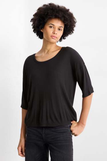 Women - T-shirt - relaxed fit - ribbed - black