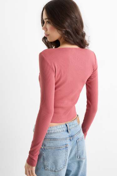 Women - Cropped long sleeve top - slim fit - ribbed - dark rose