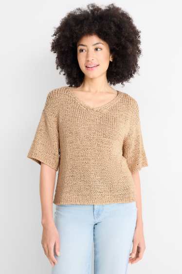 Femmes - Pull en maille - manches courtes - beige
