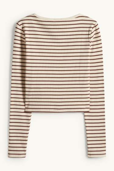 Women - Cropped long sleeve top - slim fit - ribbed - striped - light beige