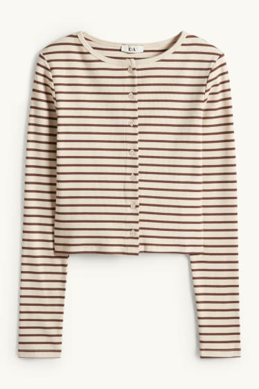 Women - Cropped long sleeve top - slim fit - ribbed - striped - light beige