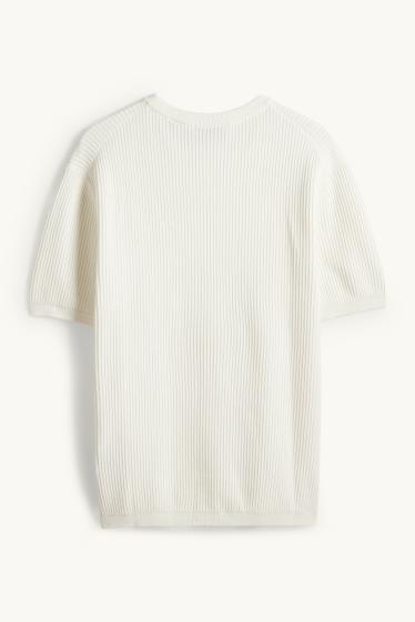Herren - Strickpullover - kurzarm - gerippt - cremeweiß