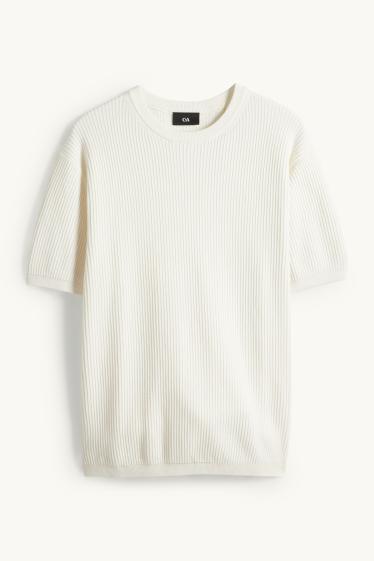 Herren - Strickpullover - kurzarm - gerippt - cremeweiß