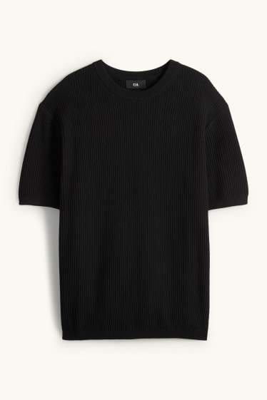 Herren - Strickpullover - kurzarm - gerippt - schwarz