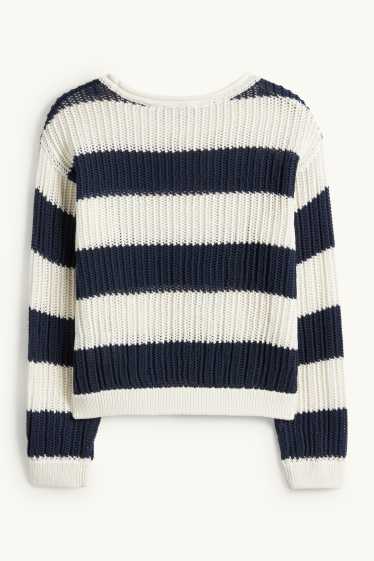 Enfants filles - Pull - finition côtelée - à rayures - blanc / bleu