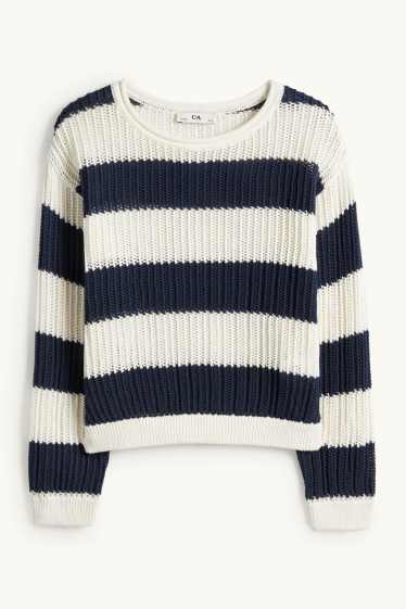 Enfants filles - Pull - finition côtelée - à rayures - blanc / bleu