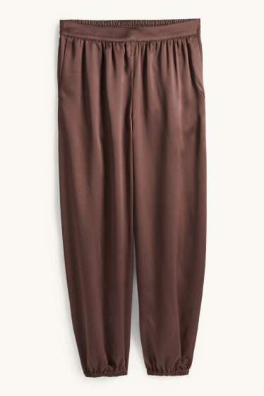 Dames - Satijnen broek - mid waist - balloon leg - donkerbruin